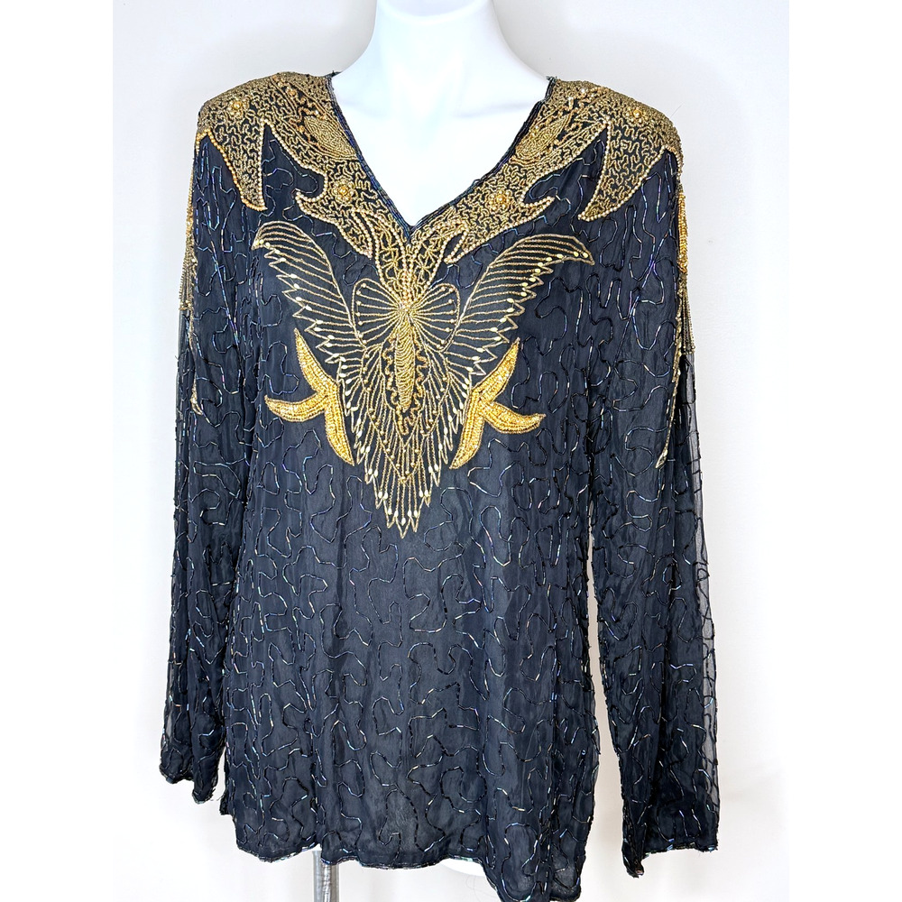 Vintage Gunit Navy Silk with Iridescent & Gold Beading Lined Top Size M